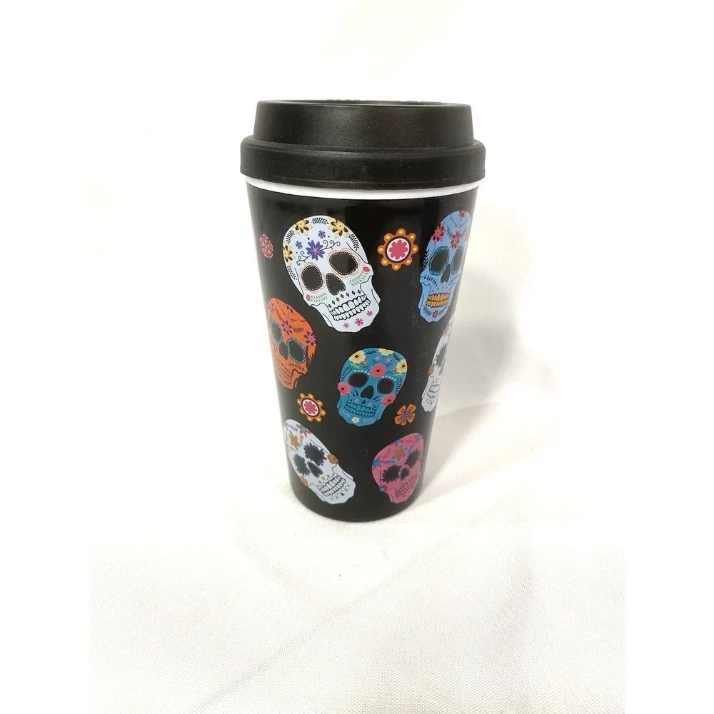 new black sugar skull travel coffee mug with twist on lid 12.4‎ oz